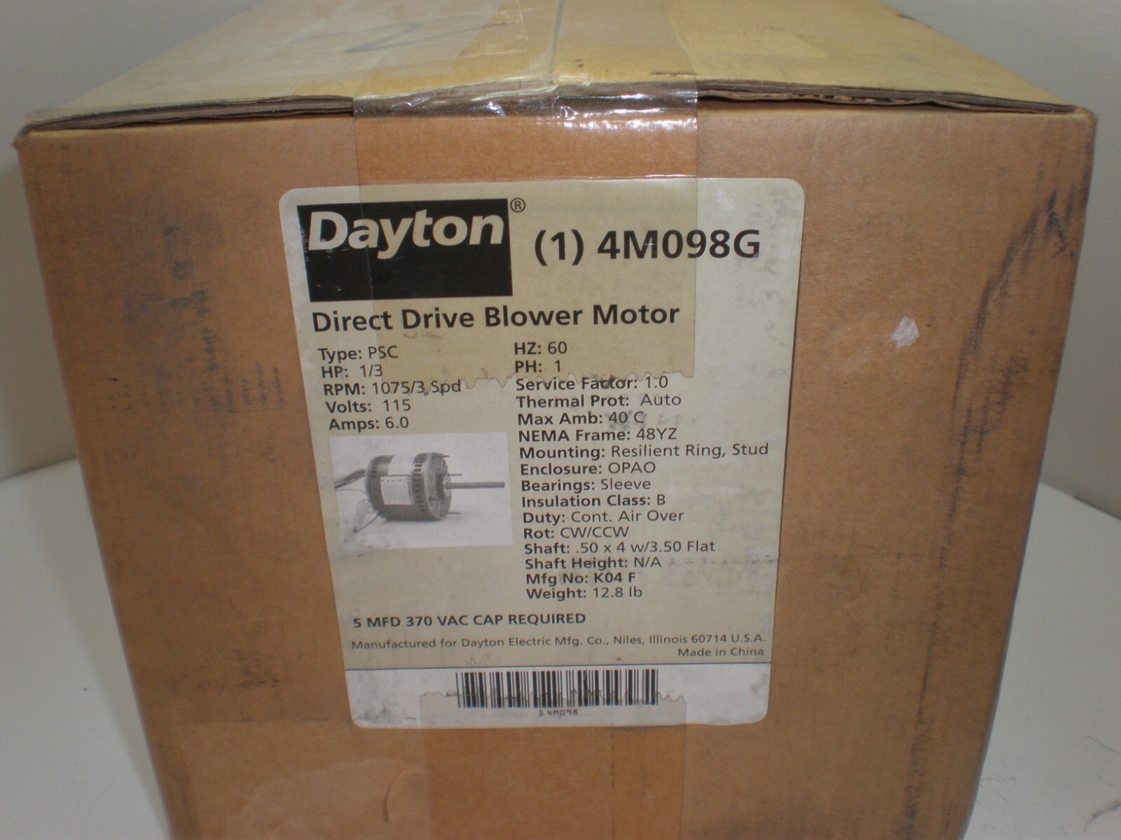 DAYTON 4M100G D/D Blower Motor 3 Speed, Open Air-Over, Ring/Stud Mount, 1/2 HP
