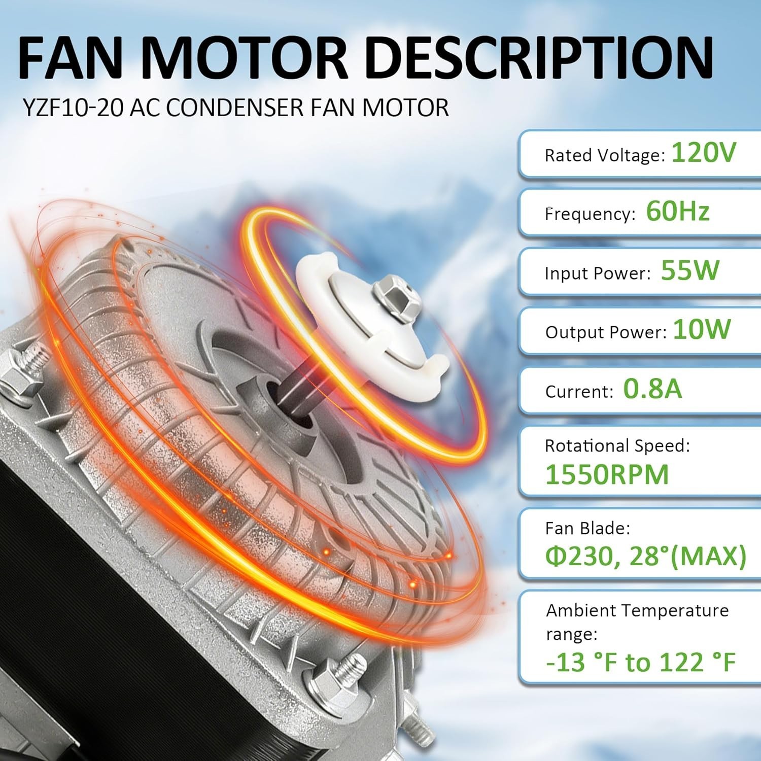 YZF10-20 Condenser Fan Motor AC 120V 60Hz 1550Rpm 10/55W 0.8A Electric Shaded Po