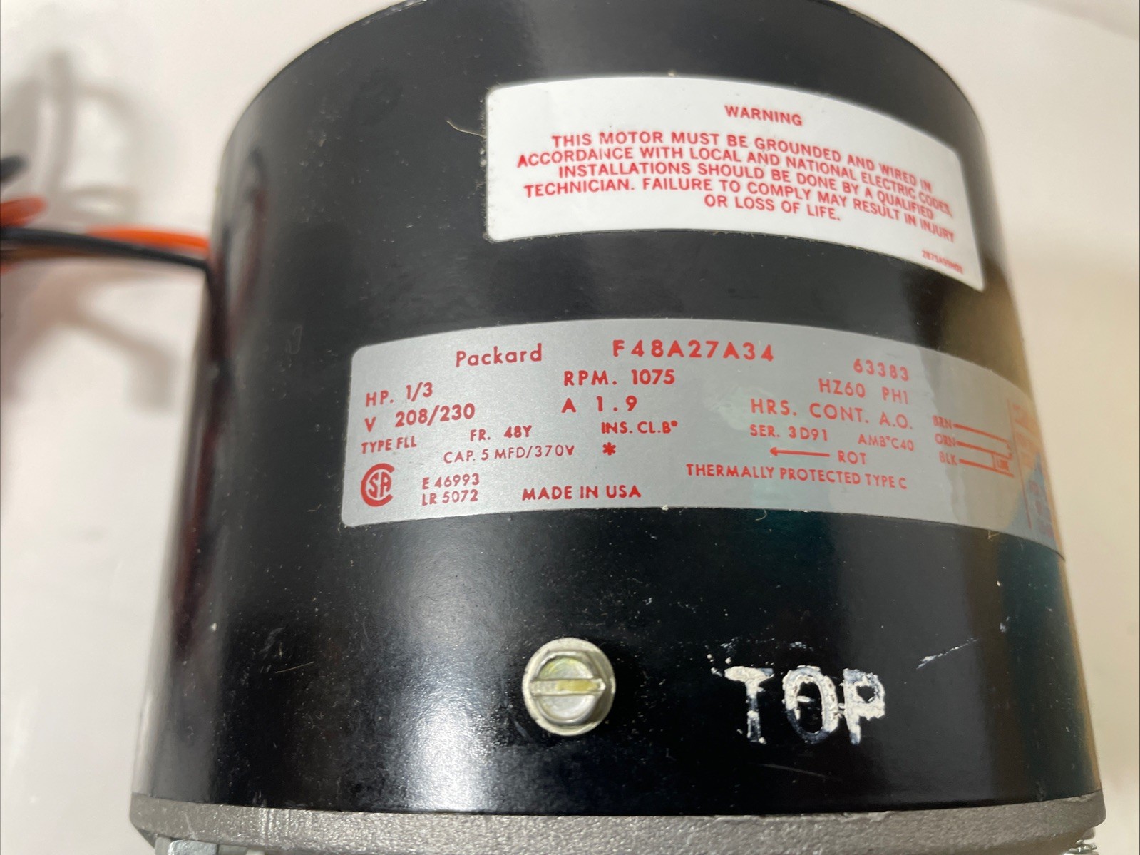 Packard Fan Motor 63383 Direct Drive 1075 rpm 1/3HP NOS 208/230 Volts In Box