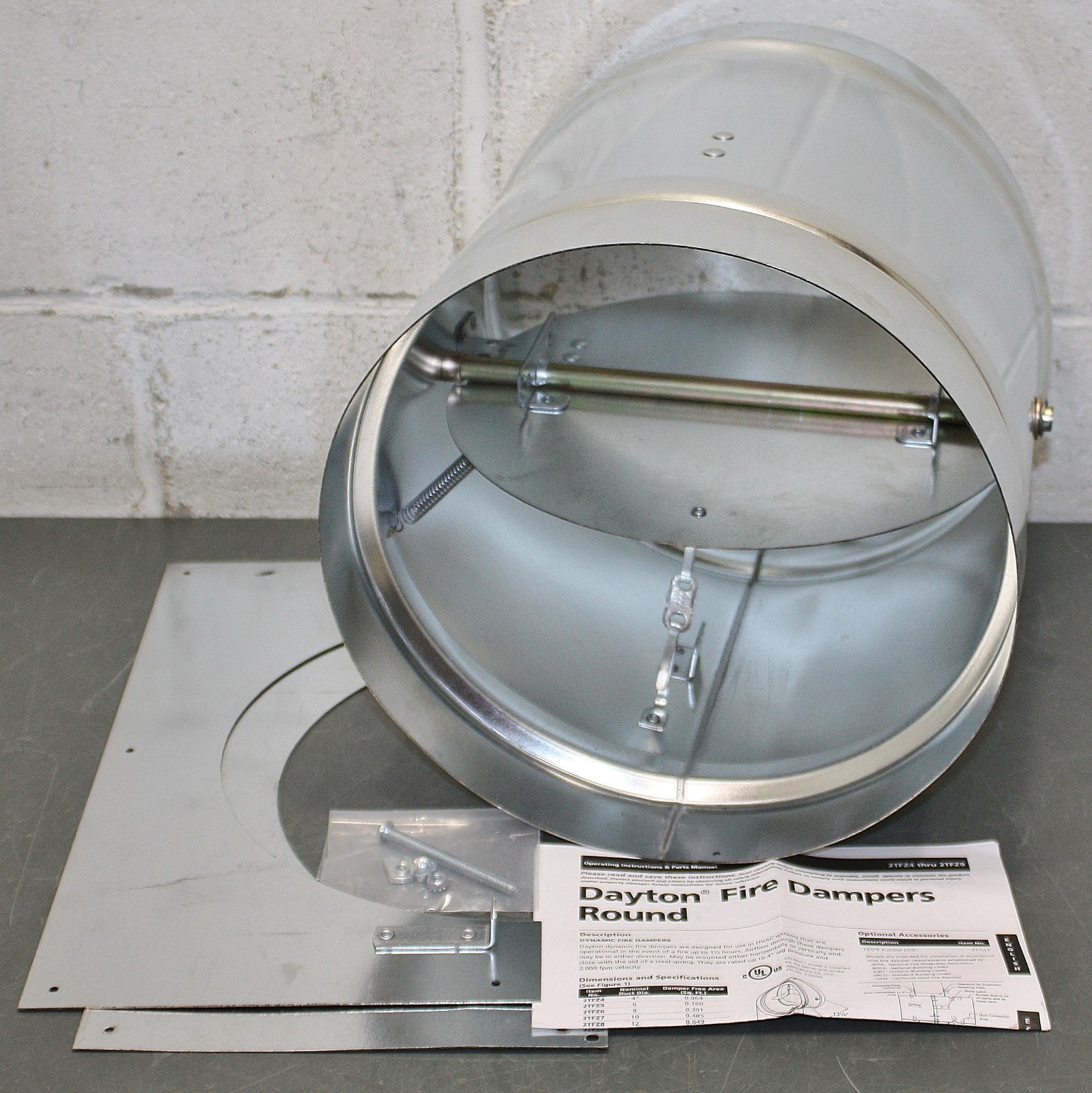 Dayton Fire Damper 2TFZ8, 12″ Diameter Duct, Butterfly, 90 min, Galvanized Steel