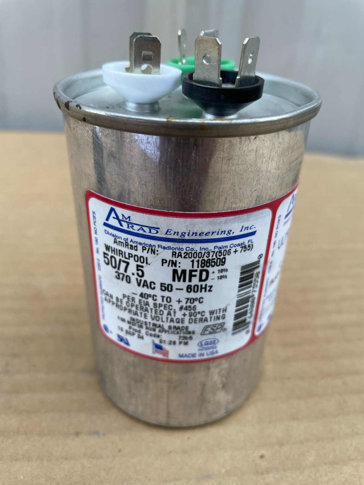 AmRad Run Capacitor 50 + 7.5 uf MFD 370 VAC Made in USA