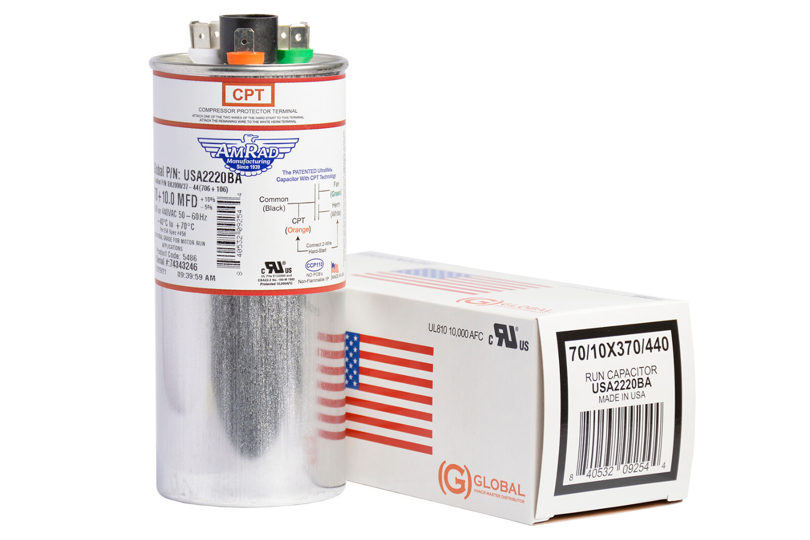 70 + 10 uF MFD x 370 / 440 VAC Motor Run Capacitor AmRad USA2220BA – Made in USA