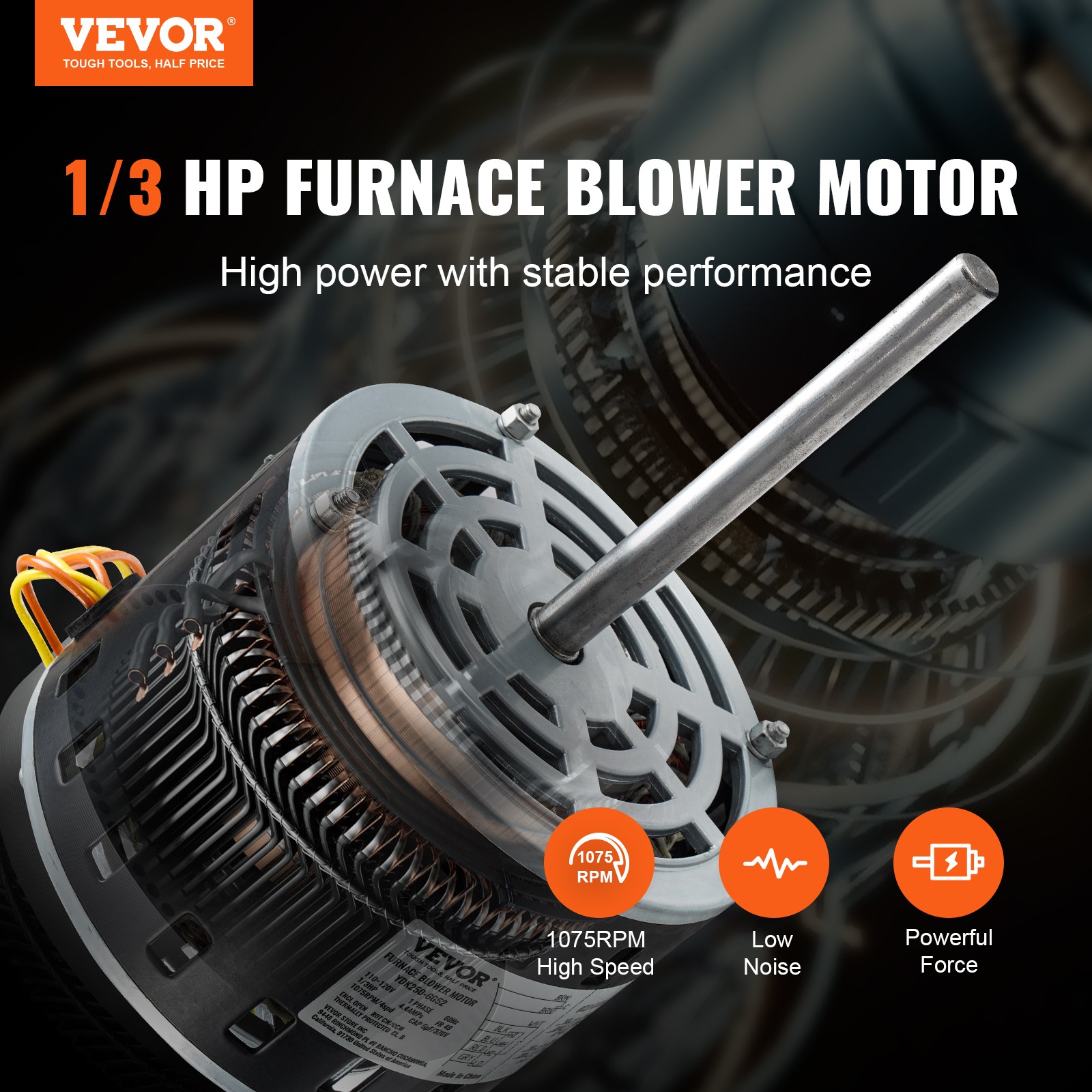 1/3HP Furnace Blower Motor 110-120V 4.4A 1075RPM 4 Speeds 48 Frame 1 Phase