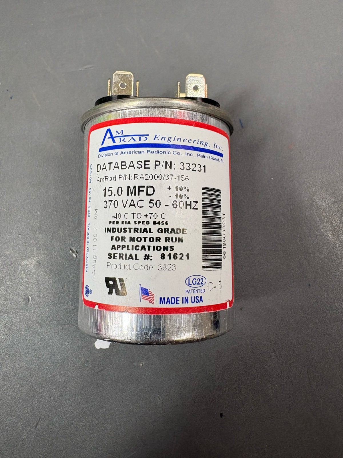 AmRad 15uF 370VAC Motor Run Capacitor RA2000/37-156 HVAC USA 33231