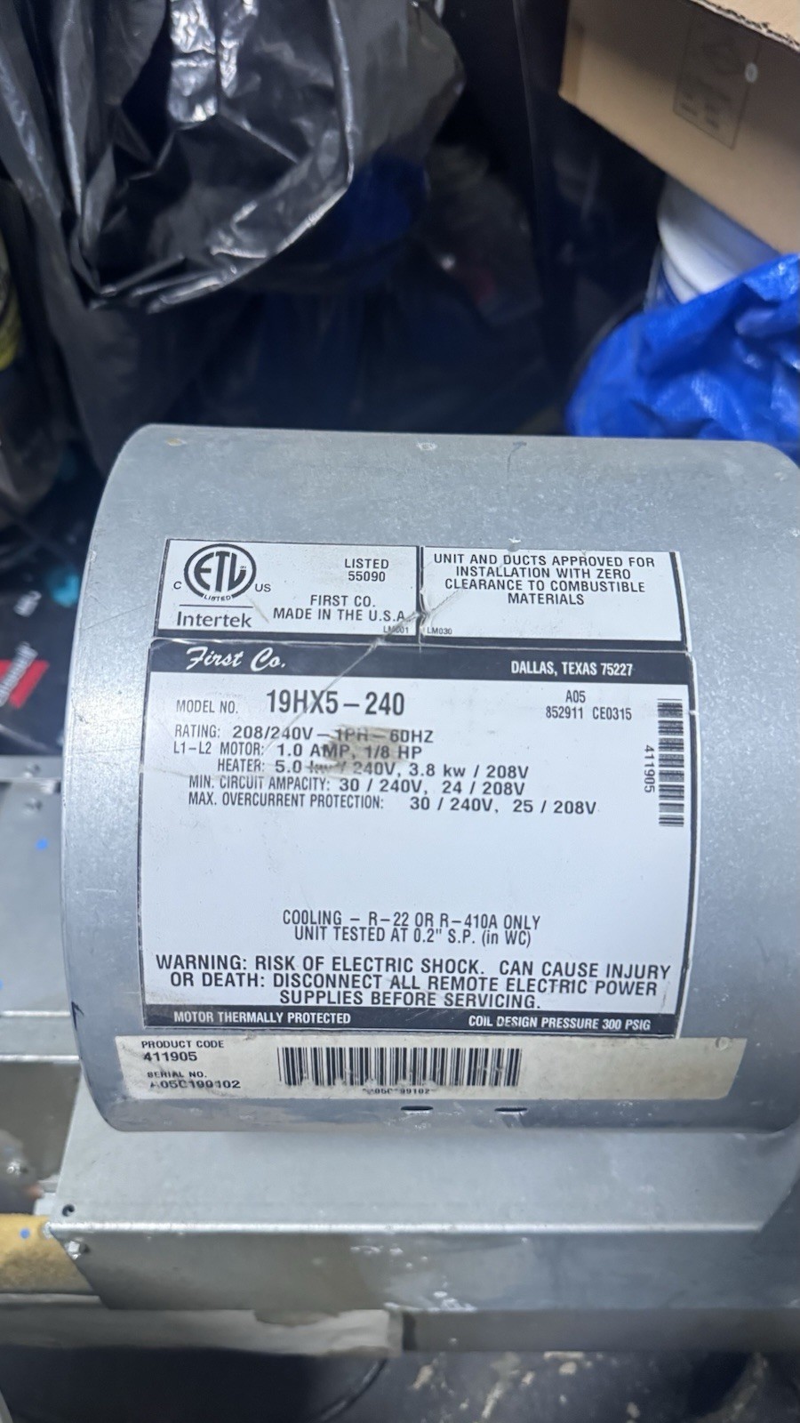 First Co. 19HX5-240 HVAC Blower Unit 208/240V 1 Phase Motor Thermally Protected