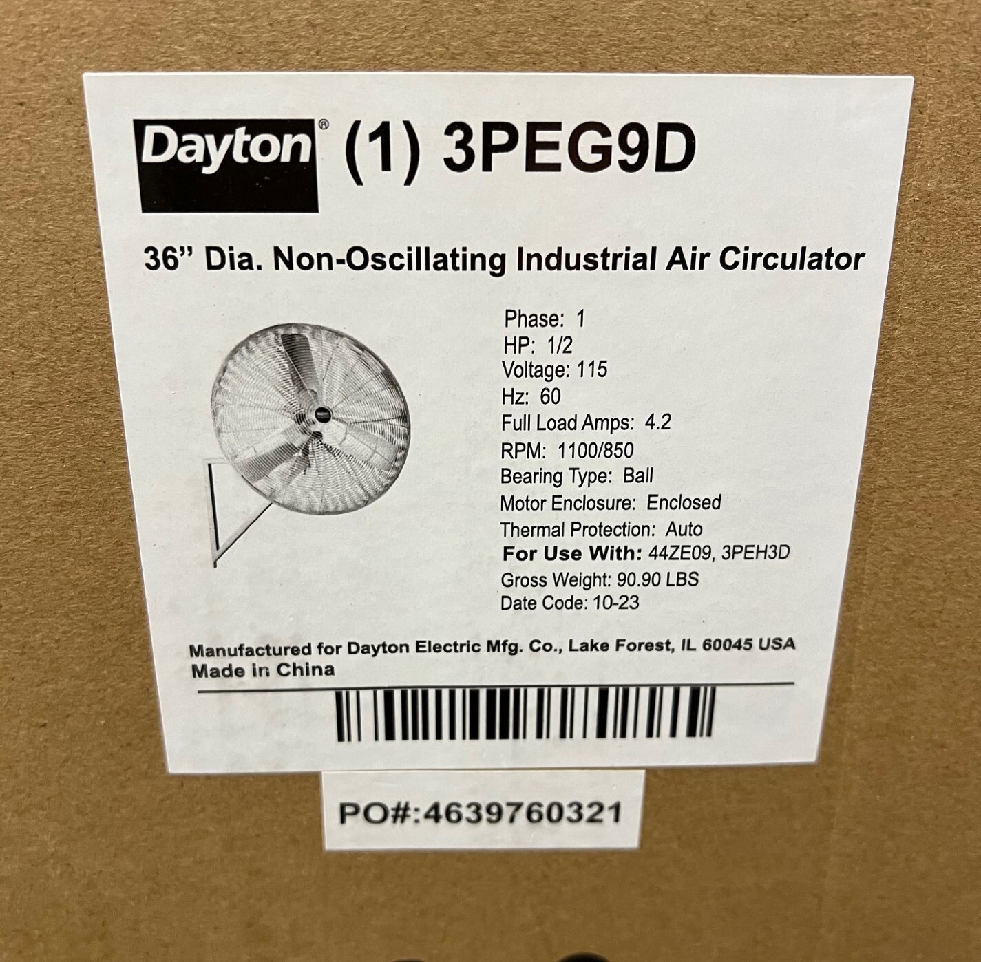DAYTON 3PEG9 INDUSTRIAL FAN, 36″ BLADE DIA., 115V AC, 1-PHASE, 1/2 HP, NEW!!