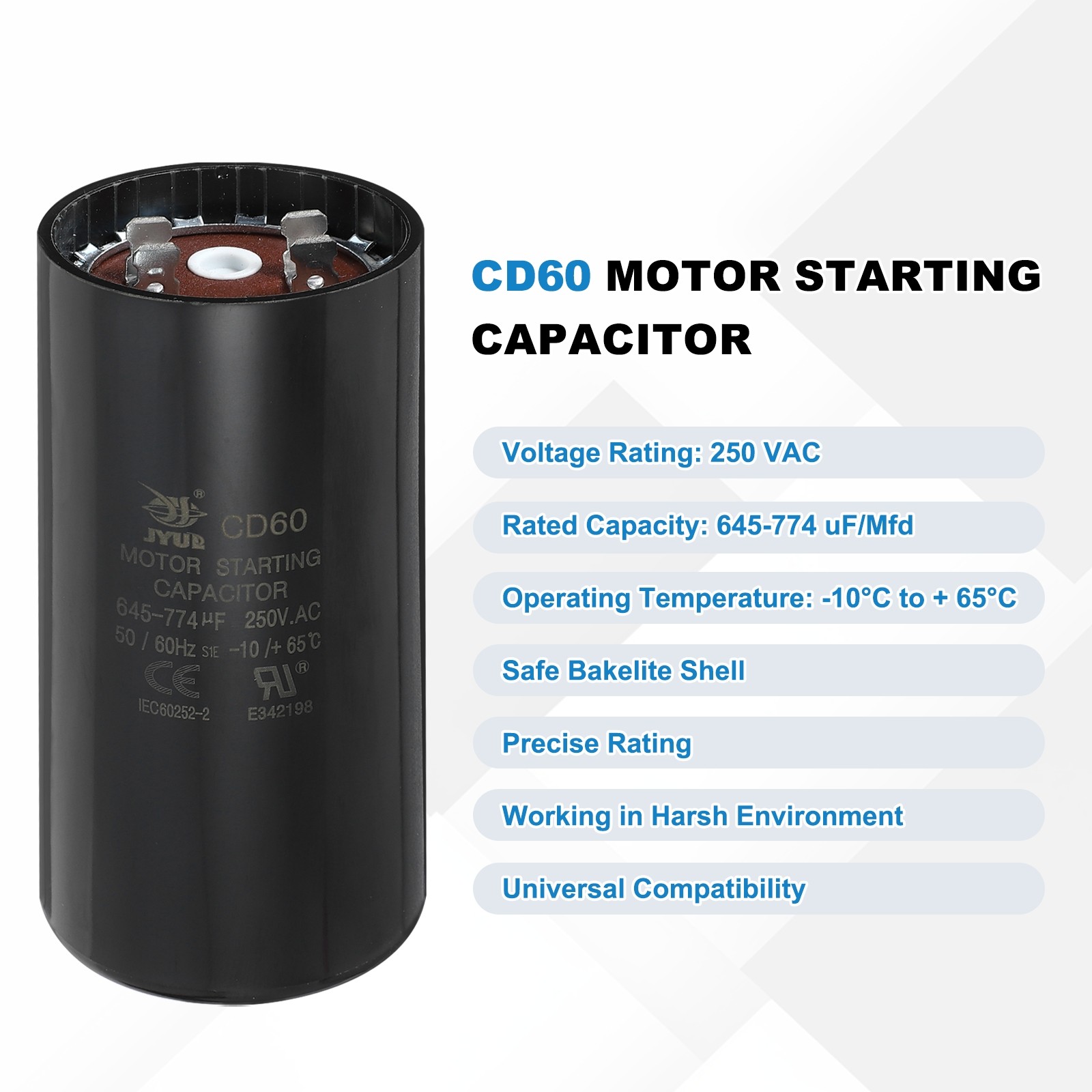 CD60 Capacitor 645-774 UF/Mfd 250VAC Run Motor Start Capacitor Black