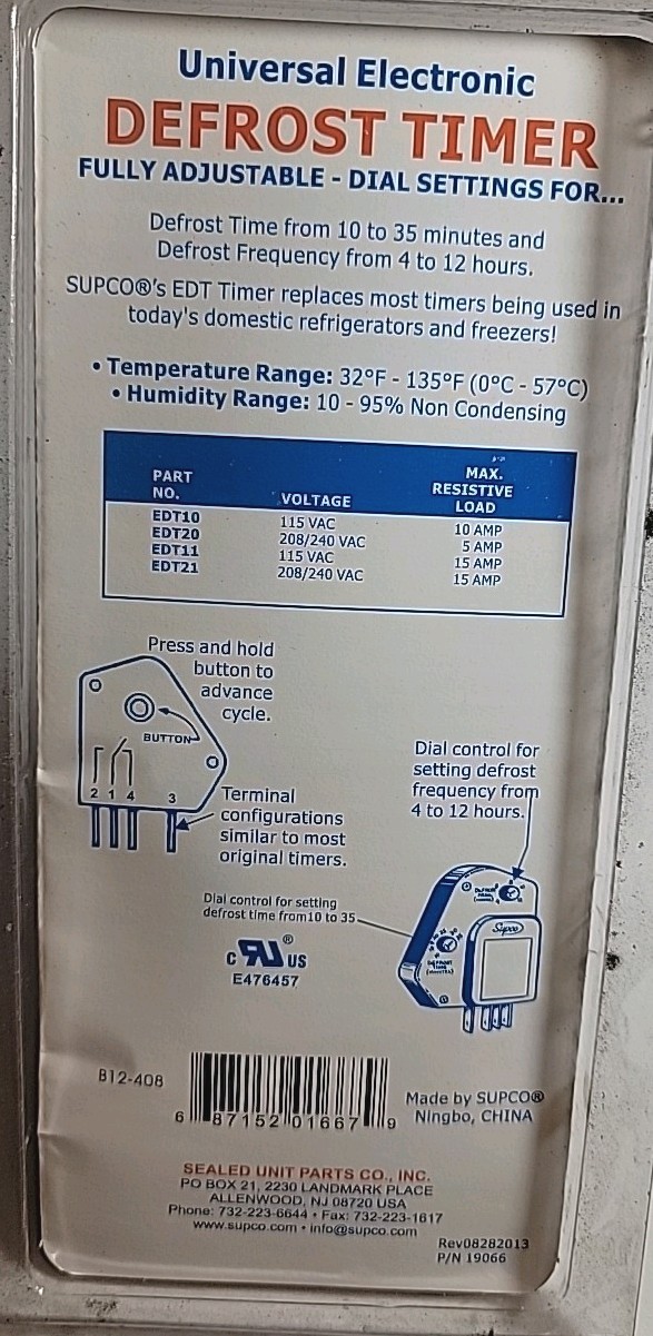 Supco Universal Electronic Defrost Timer EDT 10, 115vac, 10amp