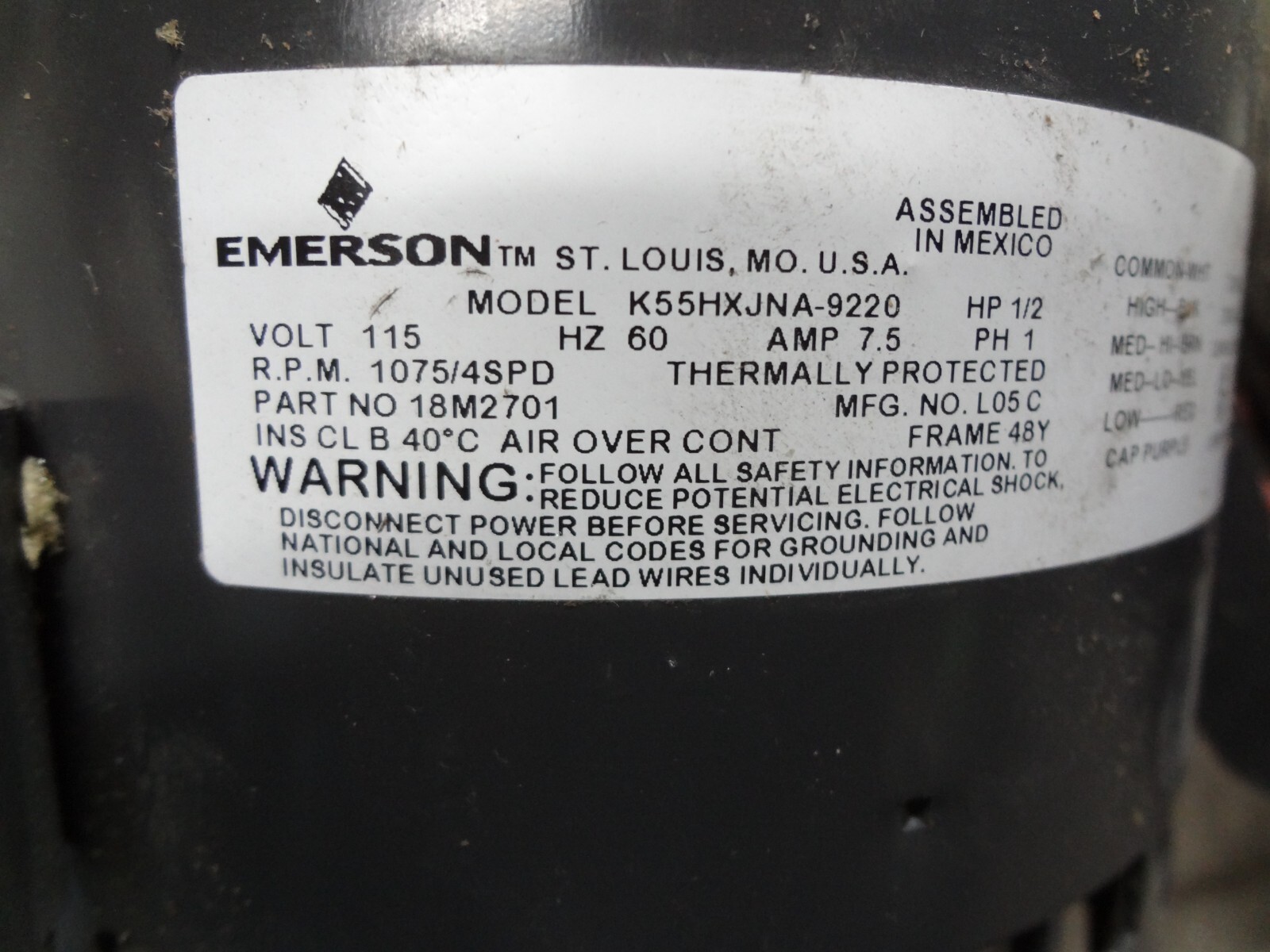 18M2701 K55HXJNA-9220 G40UH-48B-090-07 Blower Motor Emerson Lennox Furnace