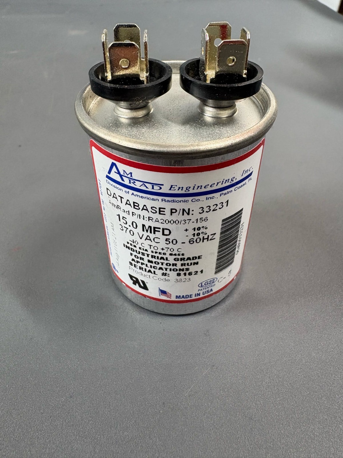 AmRad 15uF 370VAC Motor Run Capacitor RA2000/37-156 HVAC USA 33231