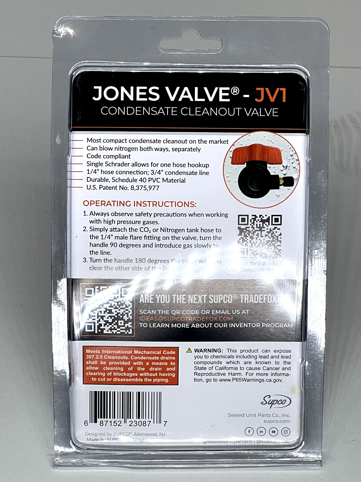 Supco Tradefox Jones Valve JV1 Condensate Cleanout Valve – NEW