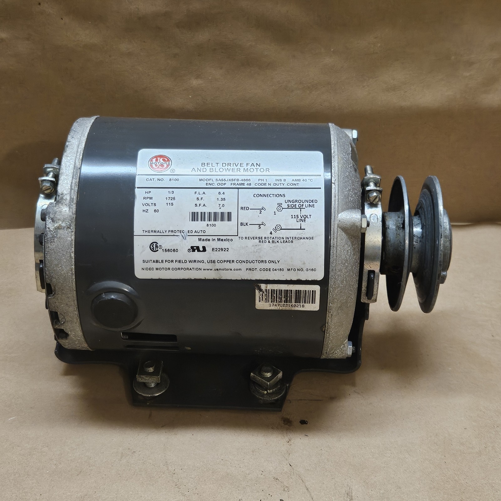 US Motors 8100 SA55JXSFB-4866 1/3HP 115V Furnace Belt Drive Fan / Blower Motor