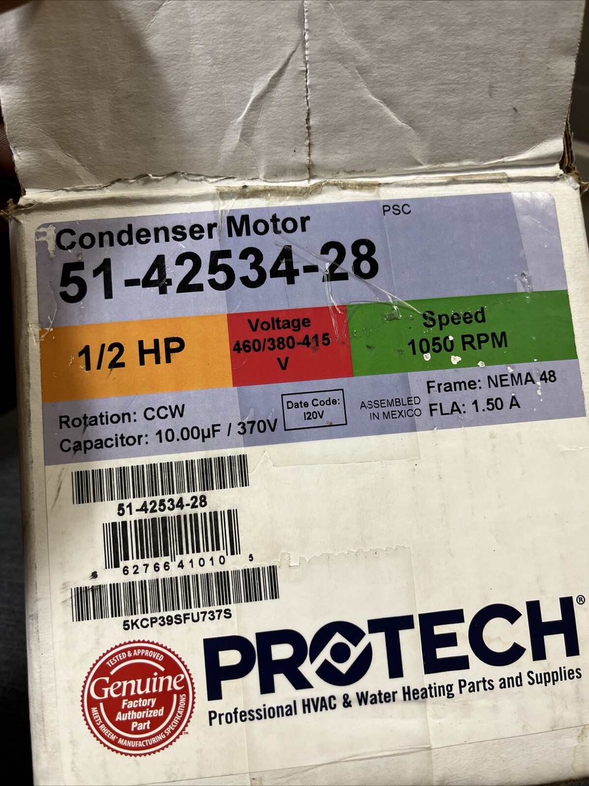 Genteq Condenser Motor – 1/2 HP, 1 Phase, 1 Speed, 380-415/460V, 1050 RPM –