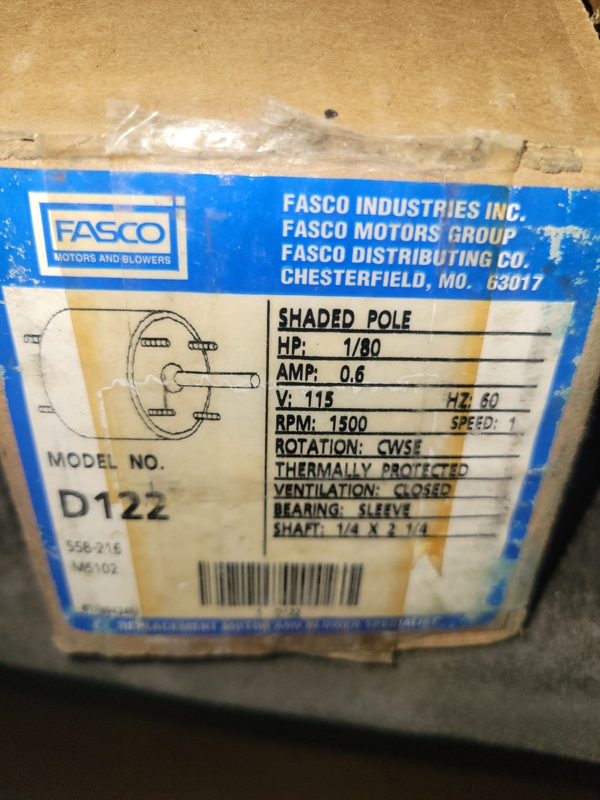 Fasco D122 Hvac Motor, 1/80 Hp, 1500 Rpm, 115V, 3.3