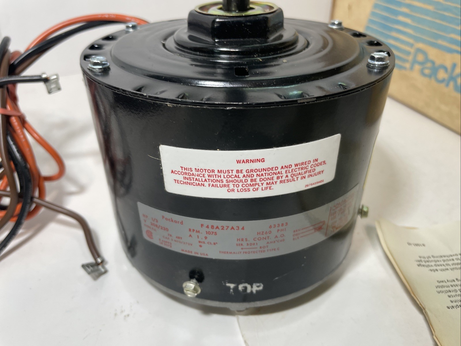 Packard Fan Motor 63383 Direct Drive 1075 rpm 1/3HP NOS 208/230 Volts In Box