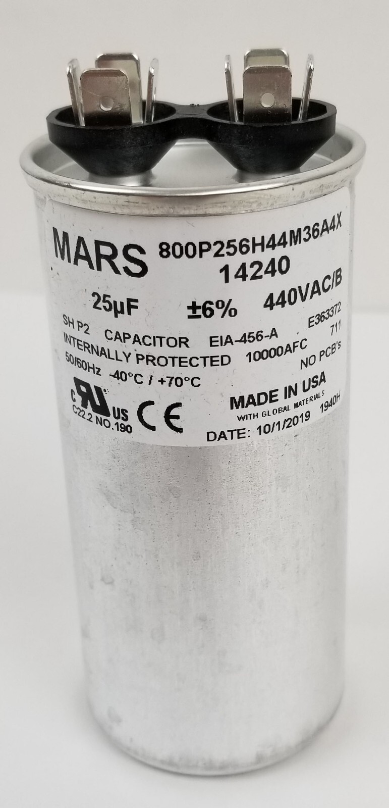 Mars 14240 800P256H44M36A4X HVAC Motor Run Capacitor 25 MFD 440Vac 6% 50/60Hz