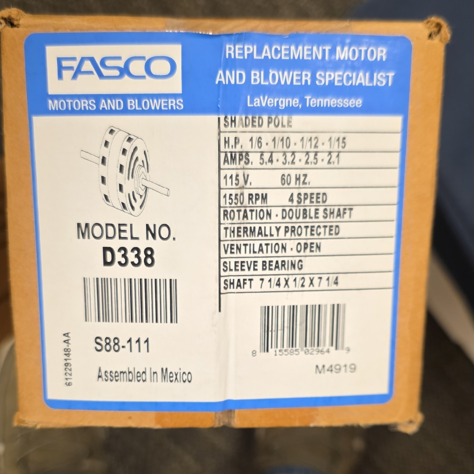 Fasco D338 HVAC Motor Double Shaft 115V Thermally Protected Sleeve Bearing