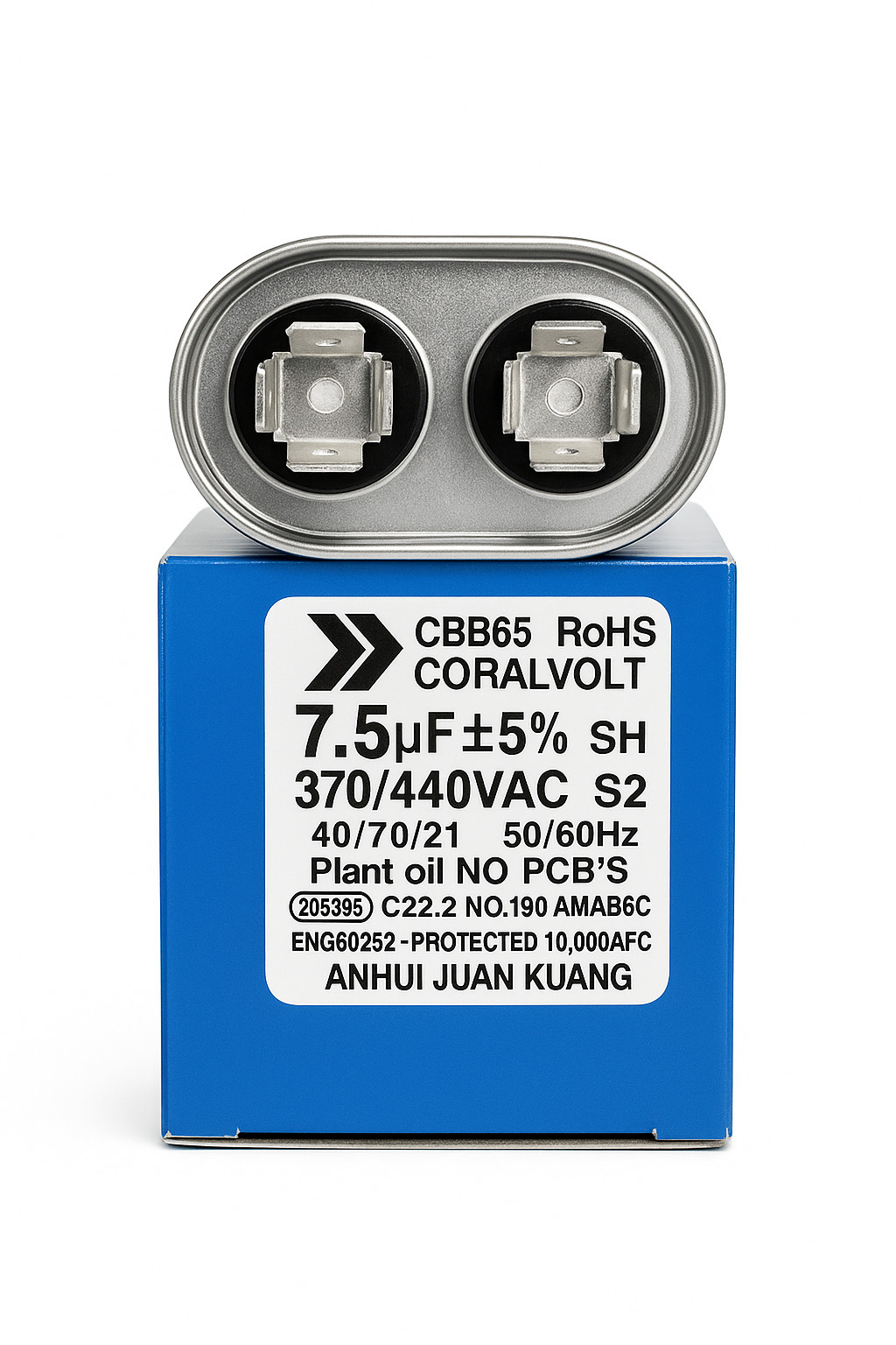 7.5+5 µF Dual Run Oval HVAC Capacitor – 370/440V AC | CBB65, UL Rated
