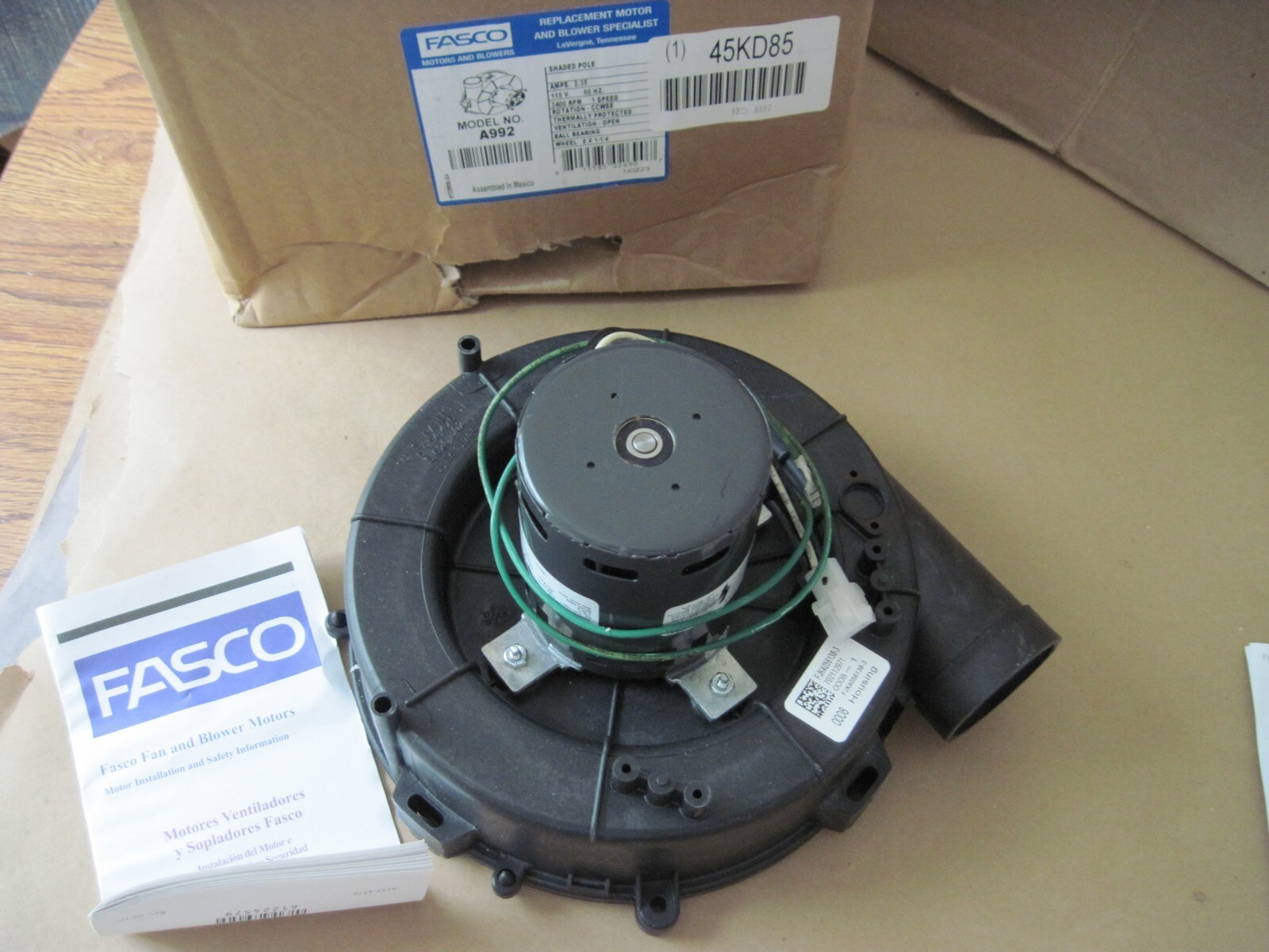 Genuine Fasco A992 Round Blower, 3400 RPM, 1 Phase, Direct, Plastic, 1 Speed