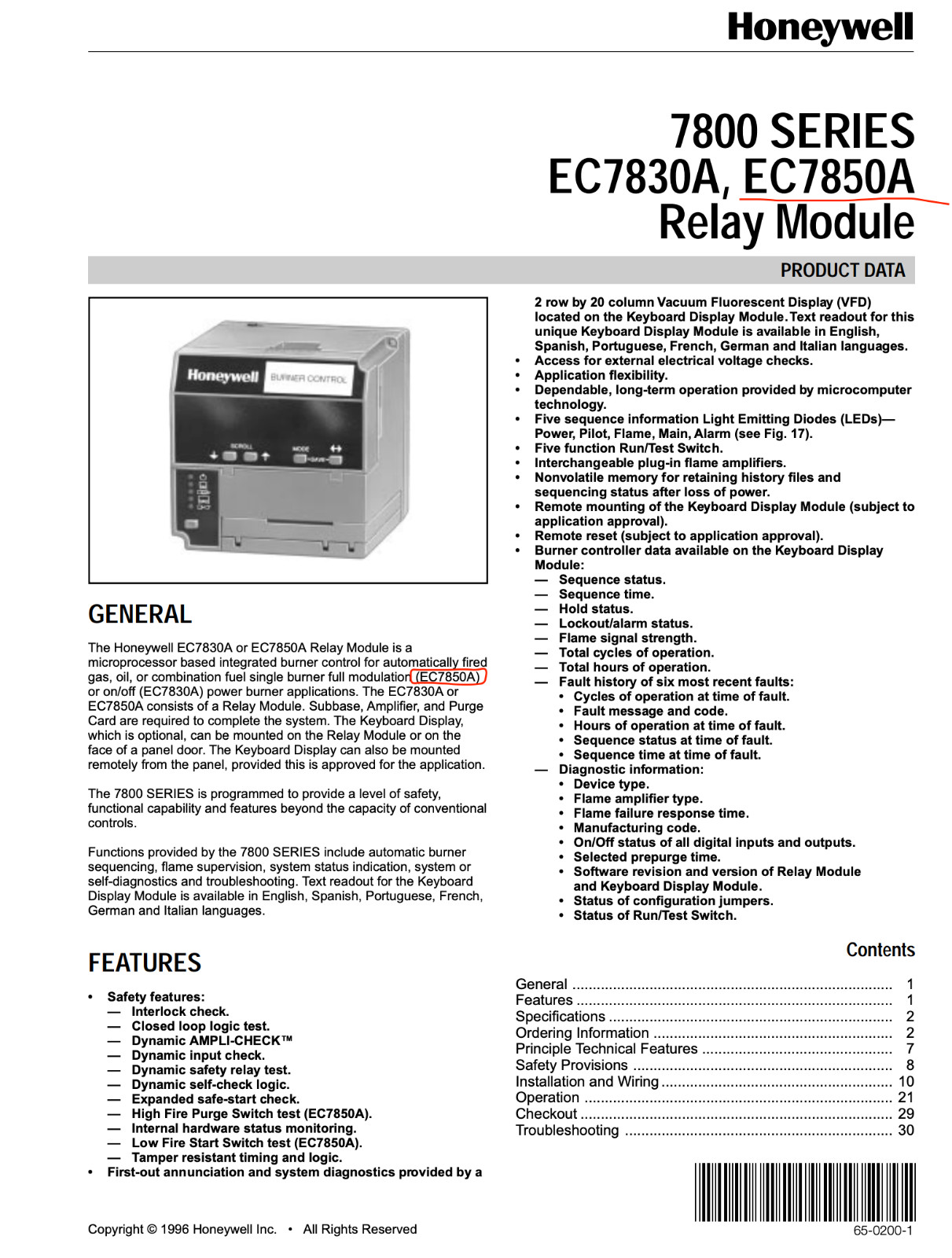 Honeywell EC7850A1122 burner control relay, zero hours usage, 1-year warranty.