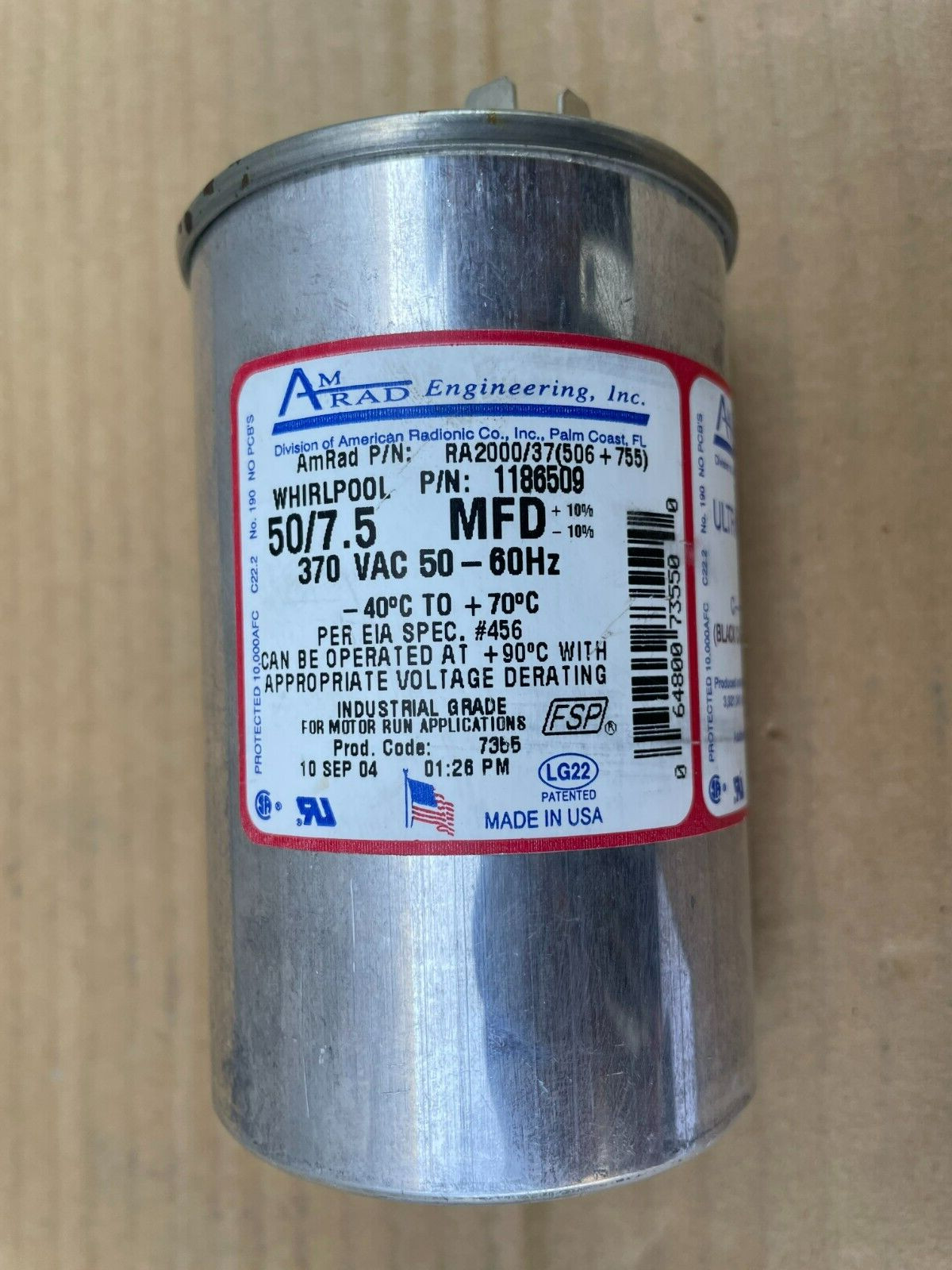 AmRad Run Capacitor 50 + 7.5 uf MFD 370 VAC Made in USA