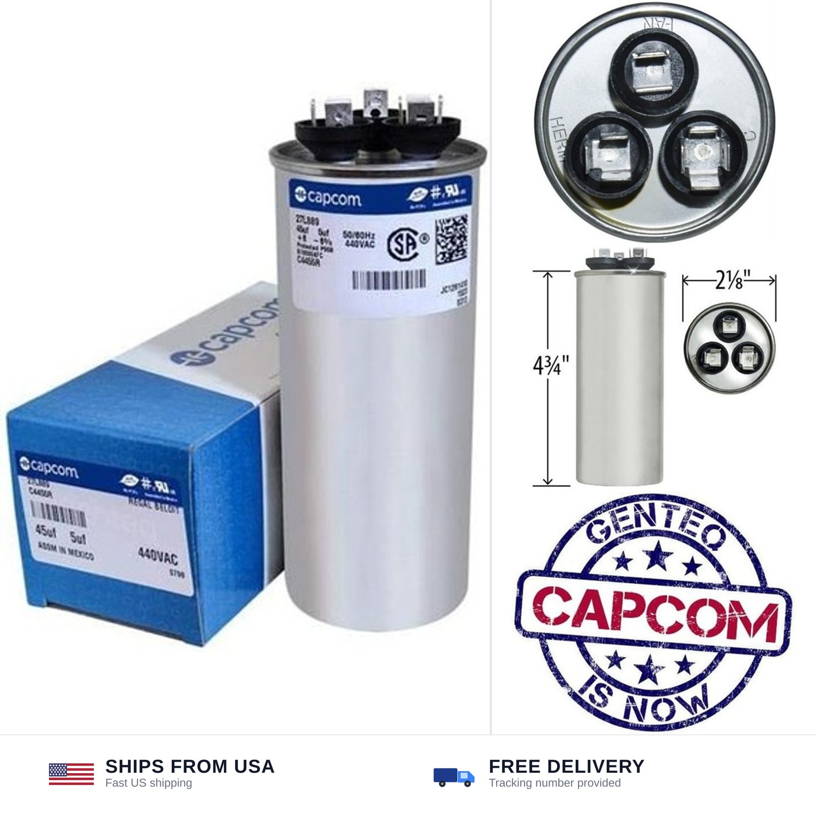GE / Genteq 27L889 97F9851 – 45 + 5 uf MFD 440 Volt VAC Genteq Replacement Ro…