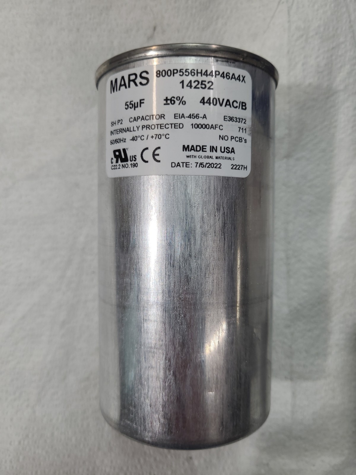Mars 14252 Motor Run Capacitor NOS 55 MFD- Round 370/440V AC Dual Voltage Rated