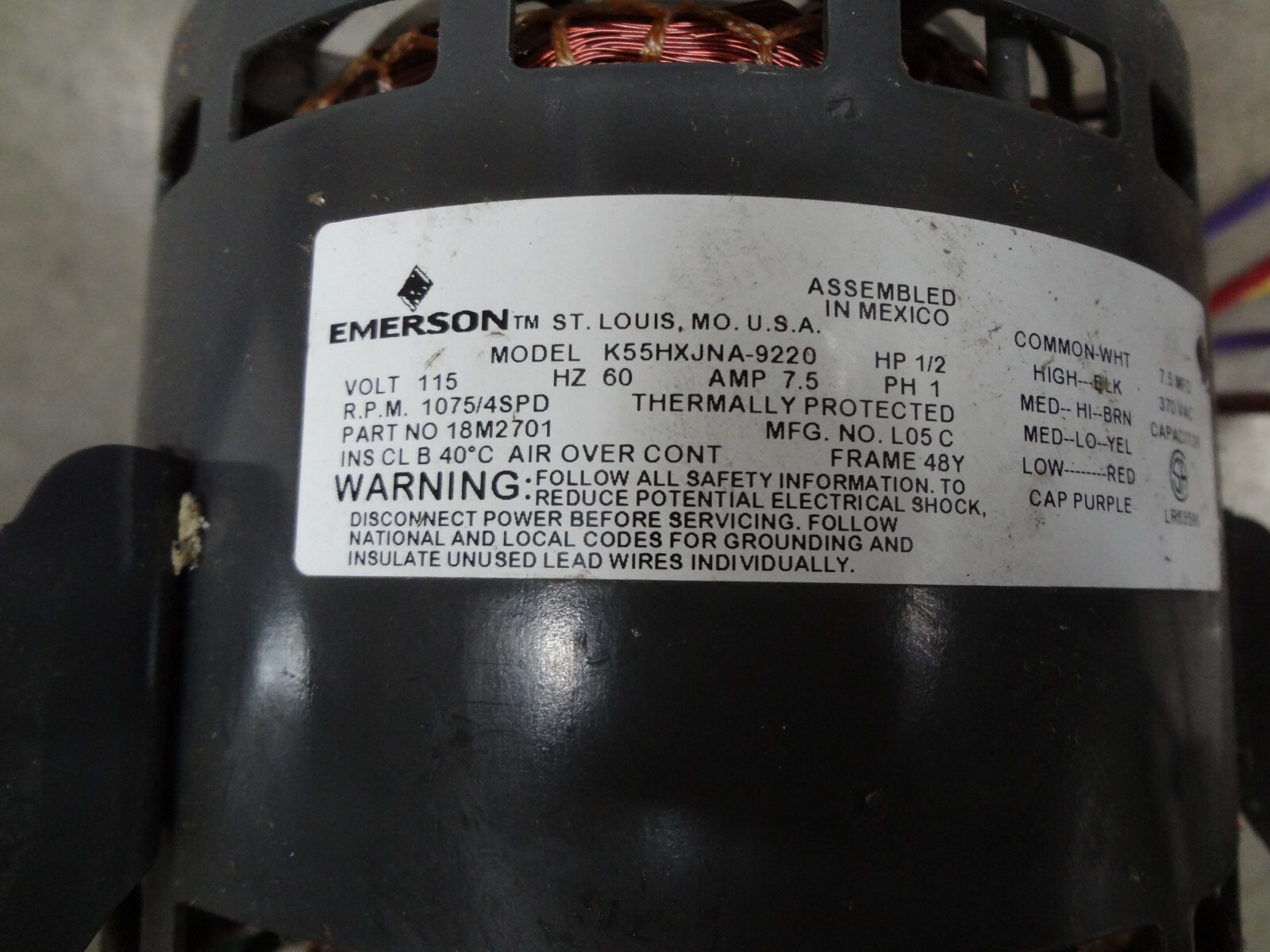 18M2701 K55HXJNA-9220 G40UH-48B-090-07 Blower Motor Emerson Lennox Furnace