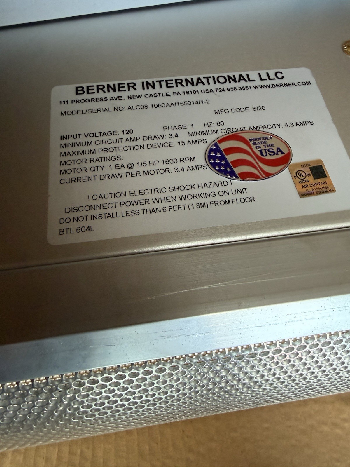 Berner Air Curtain Alc08-1070aa