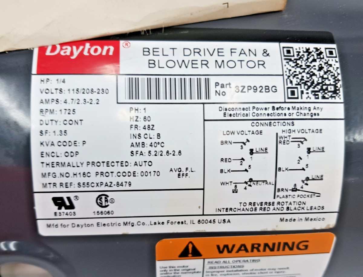 New Dayton 1/4 HP Ac Fan & Blower Motor 3ZP92BG 115/208-230 Vac 1 Phase 48Z 1725