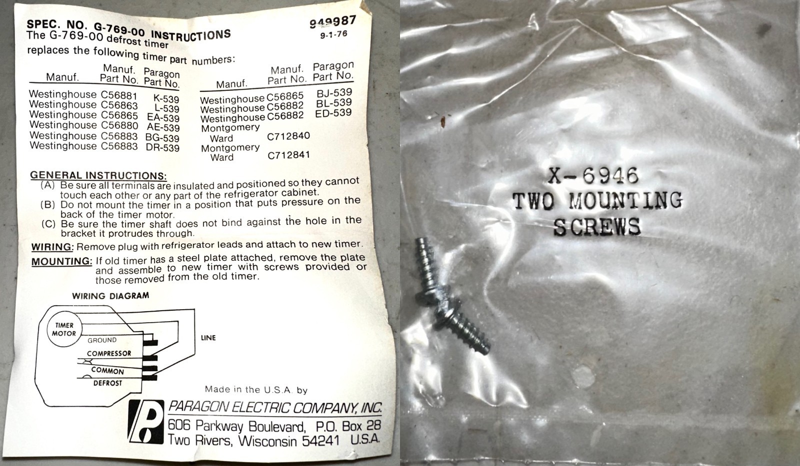 NEW PARAGON ELECTRIC G-769-00 DEFROST TIMER 120V 60HZ 6HRS 25MIN DEFROST