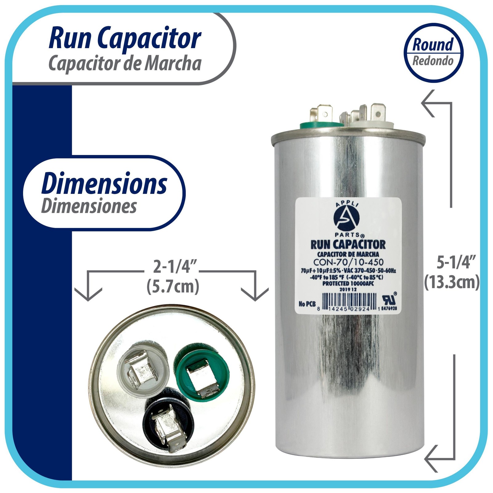Appli Parts Dual Run Capacitor for ac 70+10 Mfd uF (microfarads) 370VAC or 450VA