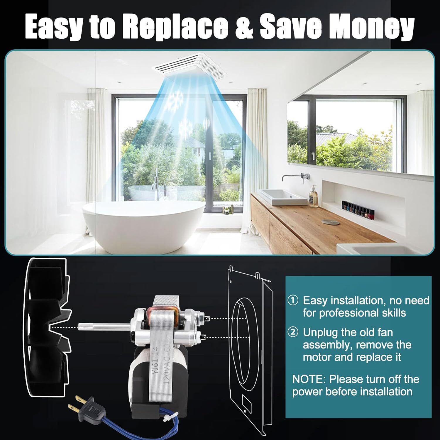 For Broan-NuTone BP27 Bathroom Fan Replacement Motor and Wheel Set, 50 CFM