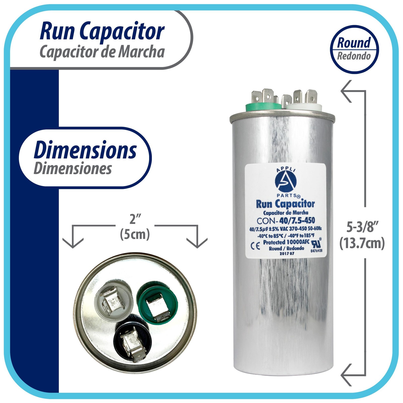 Appli Parts Dual Run Capacitor for ac 40+7.5 Mfd uF (microfarads) 370VAC or 450V