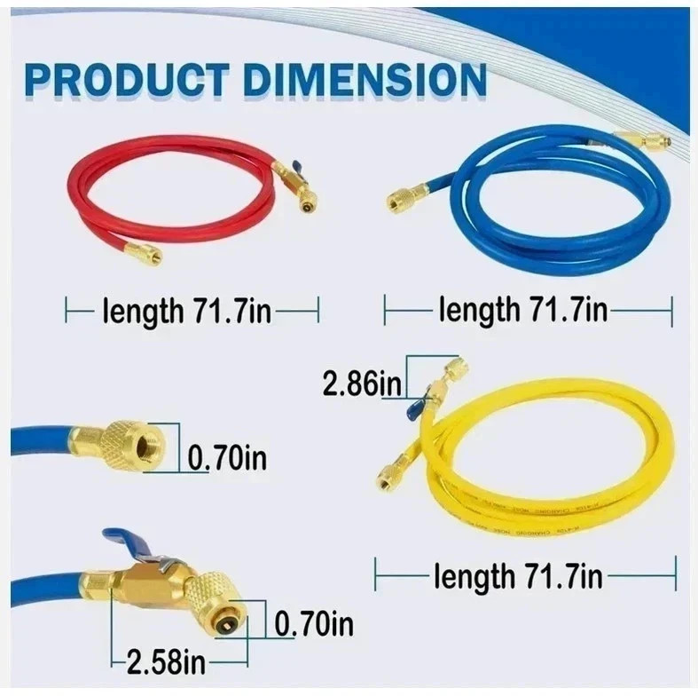 72″ HVAC Charging Hose Set (3-Pack) – 1/4″ SAE w/ Compact Ball Valves – 800 PSI