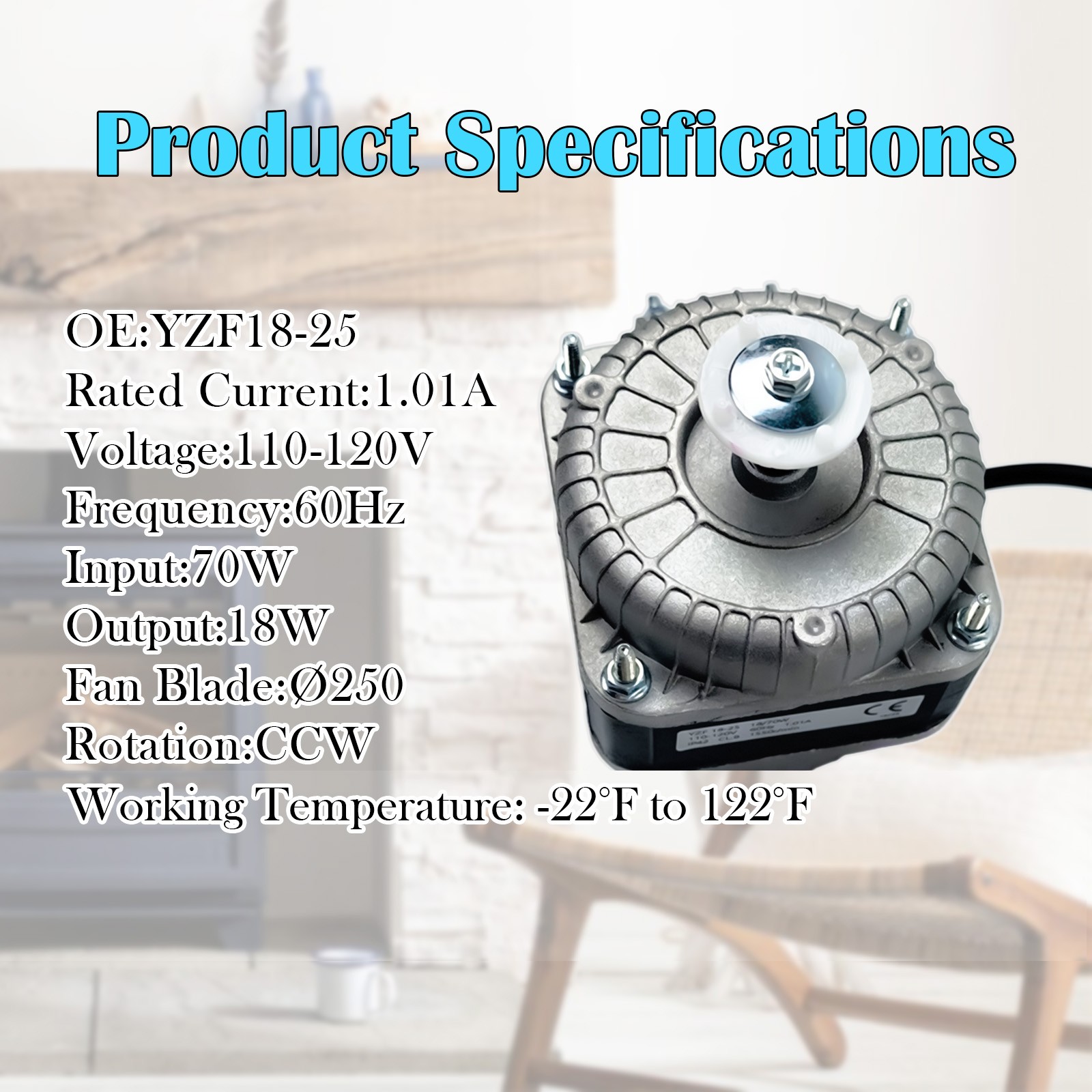 Condenser Fan Motor Replace Part#YZF18-25 18/70W 120V 60Hz 1.01A 1550 r/min