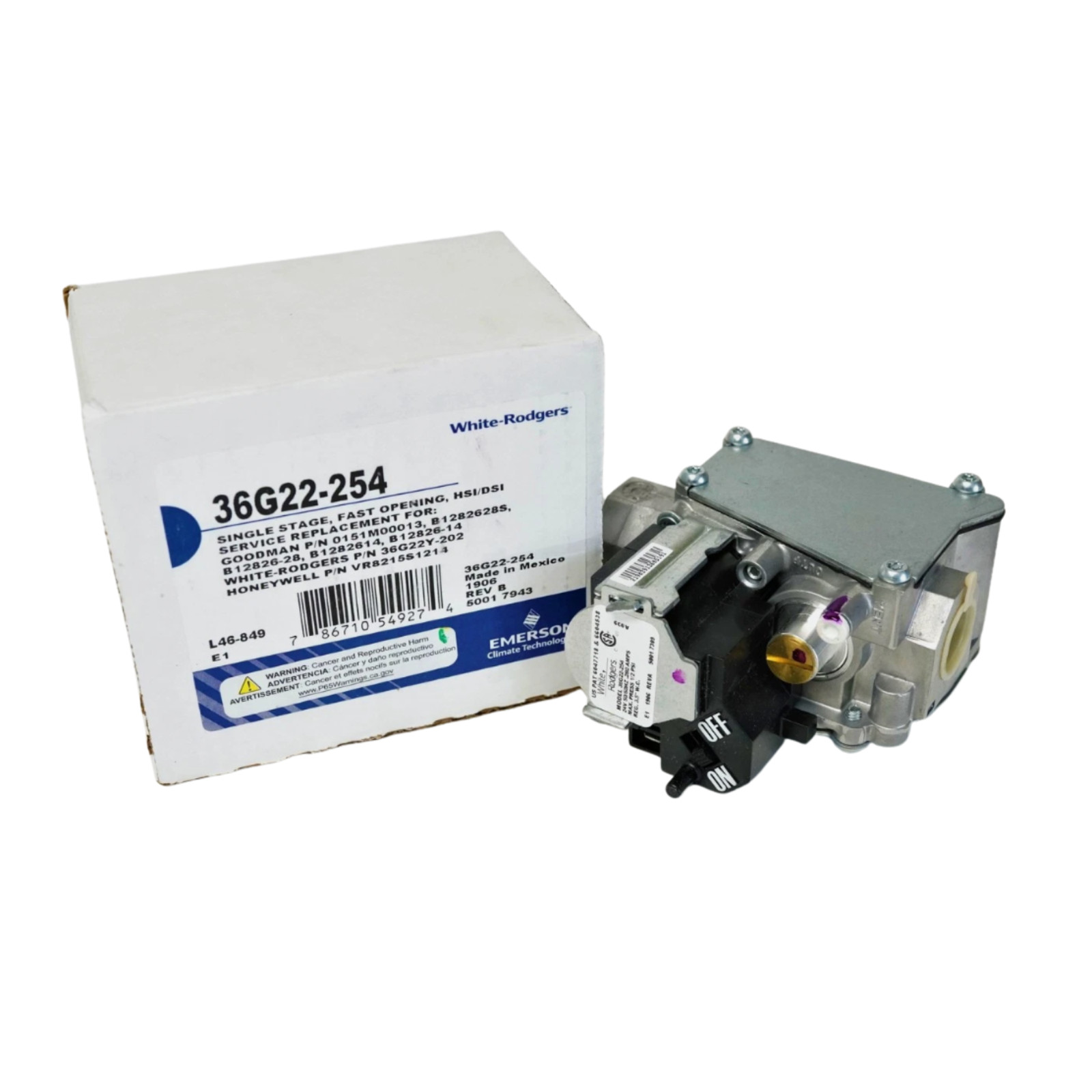 36G22-254 White Rodgers Furnace Gas Valve Replaces Goodman 0151M00013 36G22Y-202