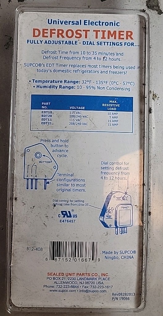 Supco Universal Electronic Defrost Timer EDT 10, 115vac, 10amp