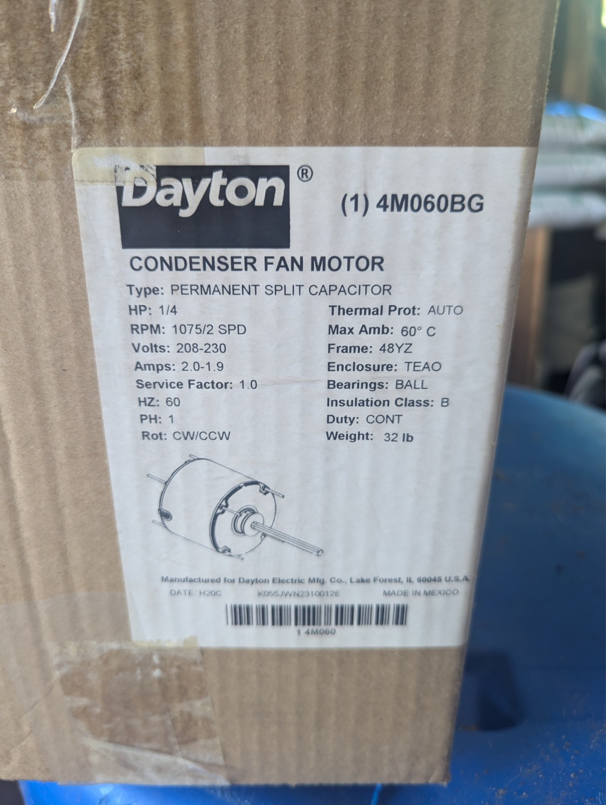 4M060BG Dayton Condenser Fan Motor: Stud Mount, Totally Enclosed Air-Over, 1/4HP