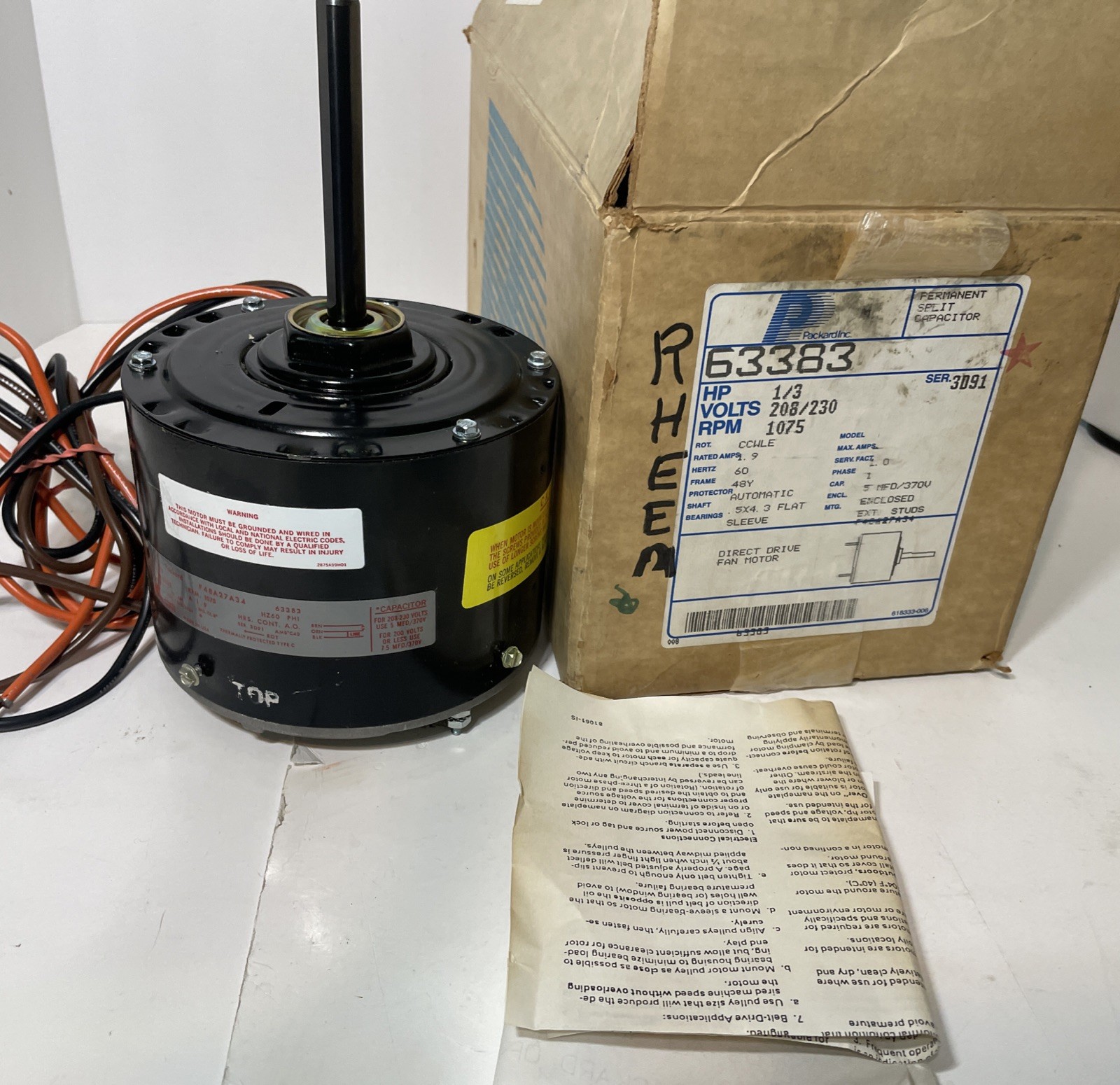 Packard Fan Motor 63383 Direct Drive 1075 rpm 1/3HP NOS 208/230 Volts In Box