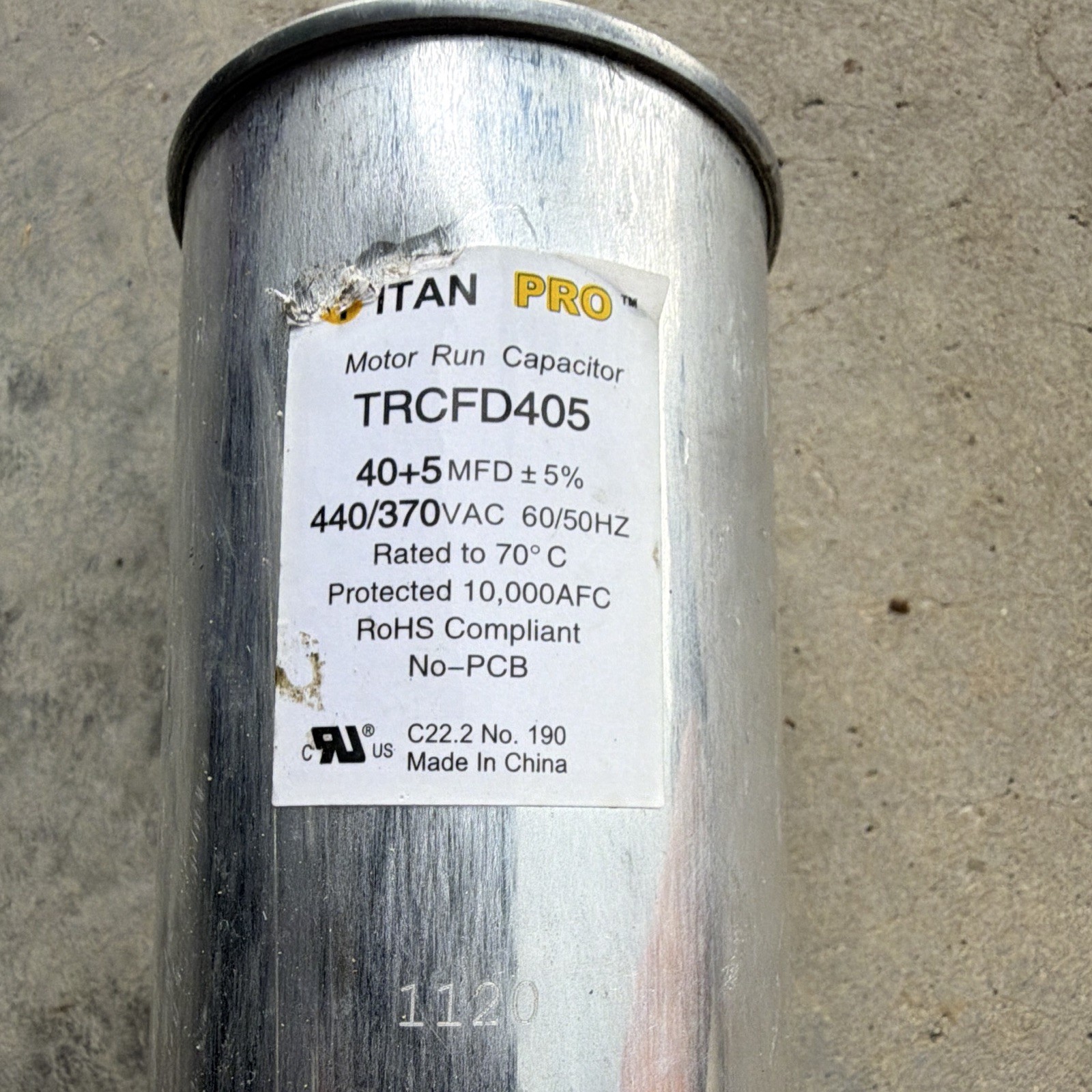 Titan Pro Motor Run Capacitor 40+5 MFD 440/370V Model TRCFD405 MPN TRCFD405