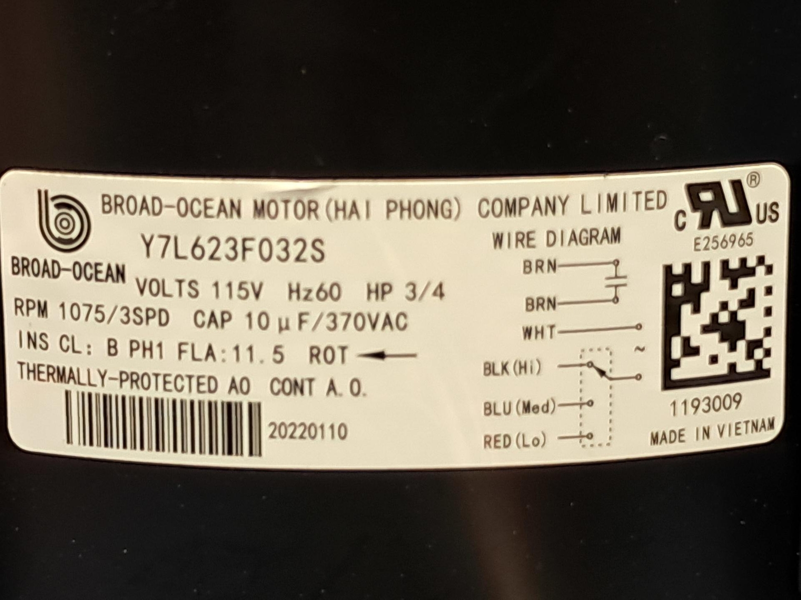 Fast OEM – 1193009 – Fan Motor 3/4HP 3-Speed 1075-RPM 1-Phase 115V
