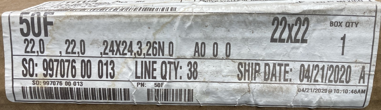 Titus 50F 2′ x 2′ All Aluminum Eggcrate Air Return 22″ x 22″ area, New Old Stock