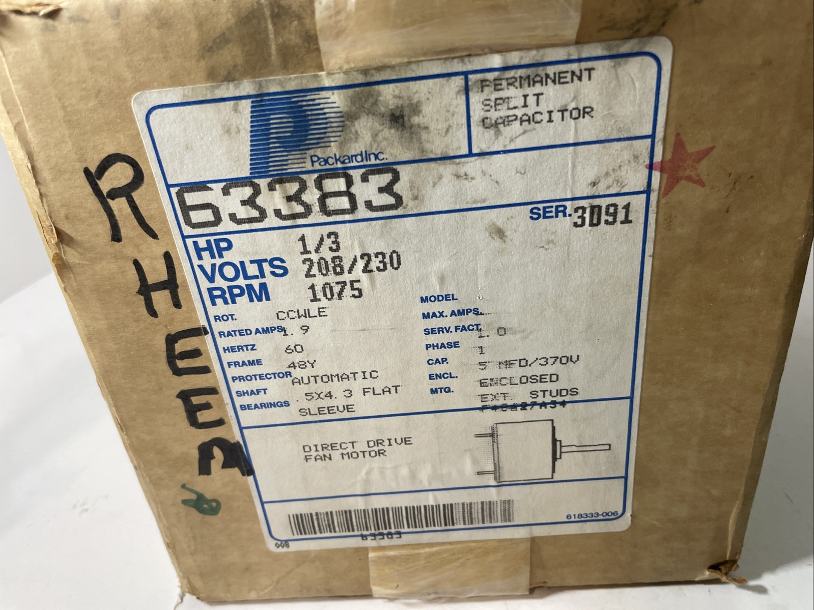 Packard Fan Motor 63383 Direct Drive 1075 rpm 1/3HP NOS 208/230 Volts In Box