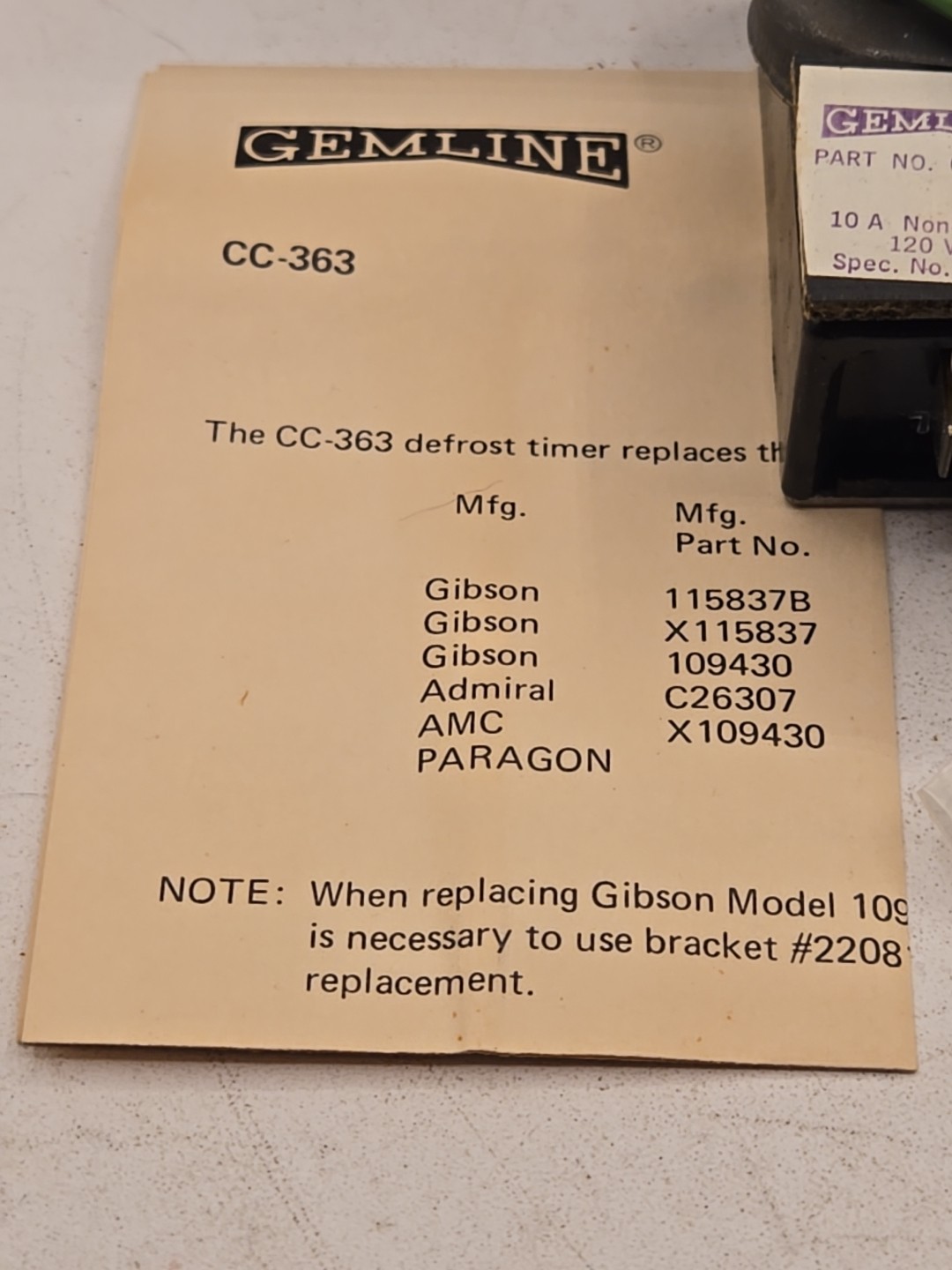 REFRIGERATOR DEFROST TIMER J-770-00, CC363, 115837B,X115837, 109430, X109430 LT6