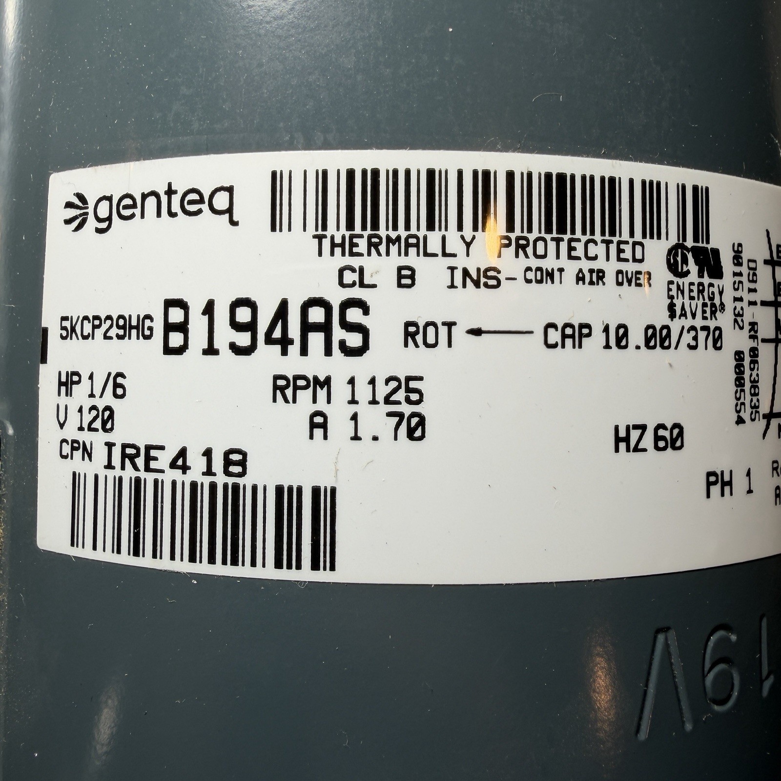 Genteq Motor for Maxx Air IF18UPS Fan, 120 V, 1/6 HP, 1125 RPM, NEW & TESTED