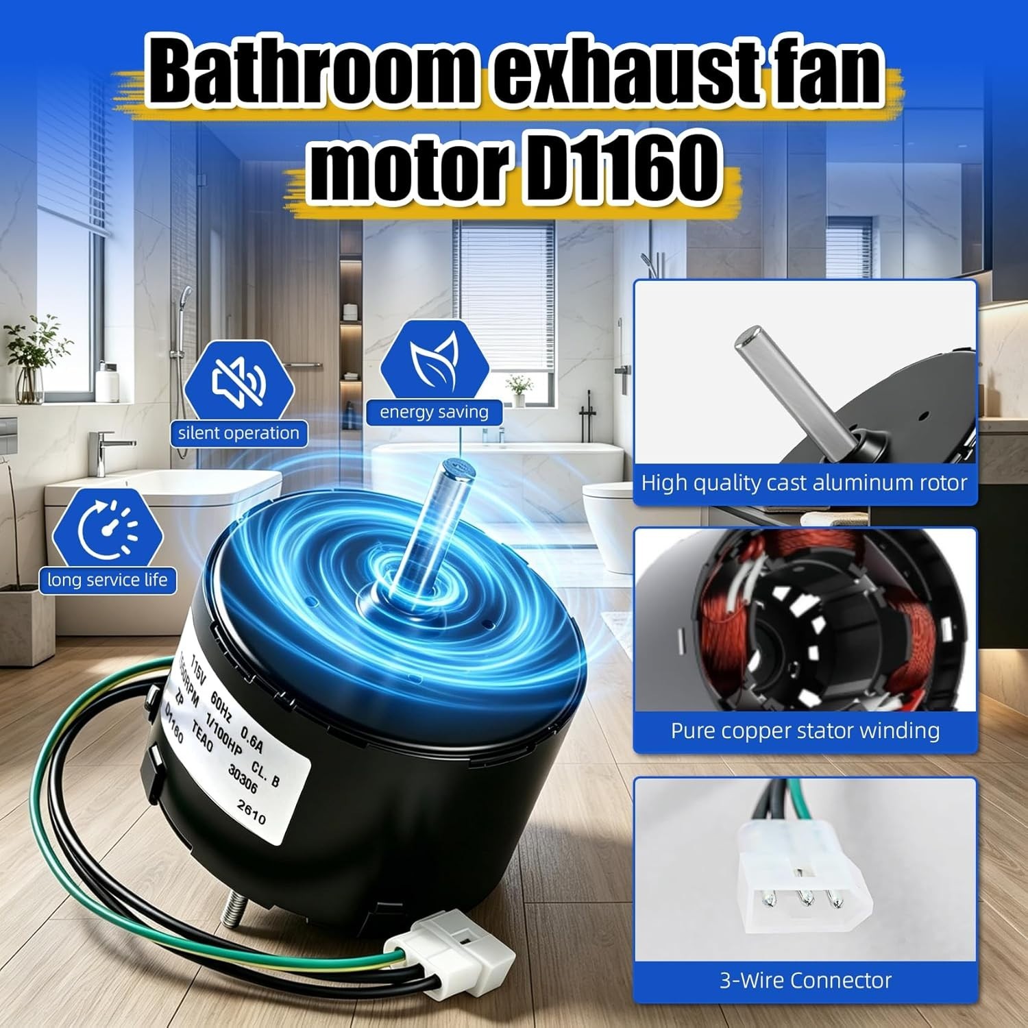Condenser Fan Motor for Fasco D1160, 1/100HP Broan Nutone 655 661 663 763 665N