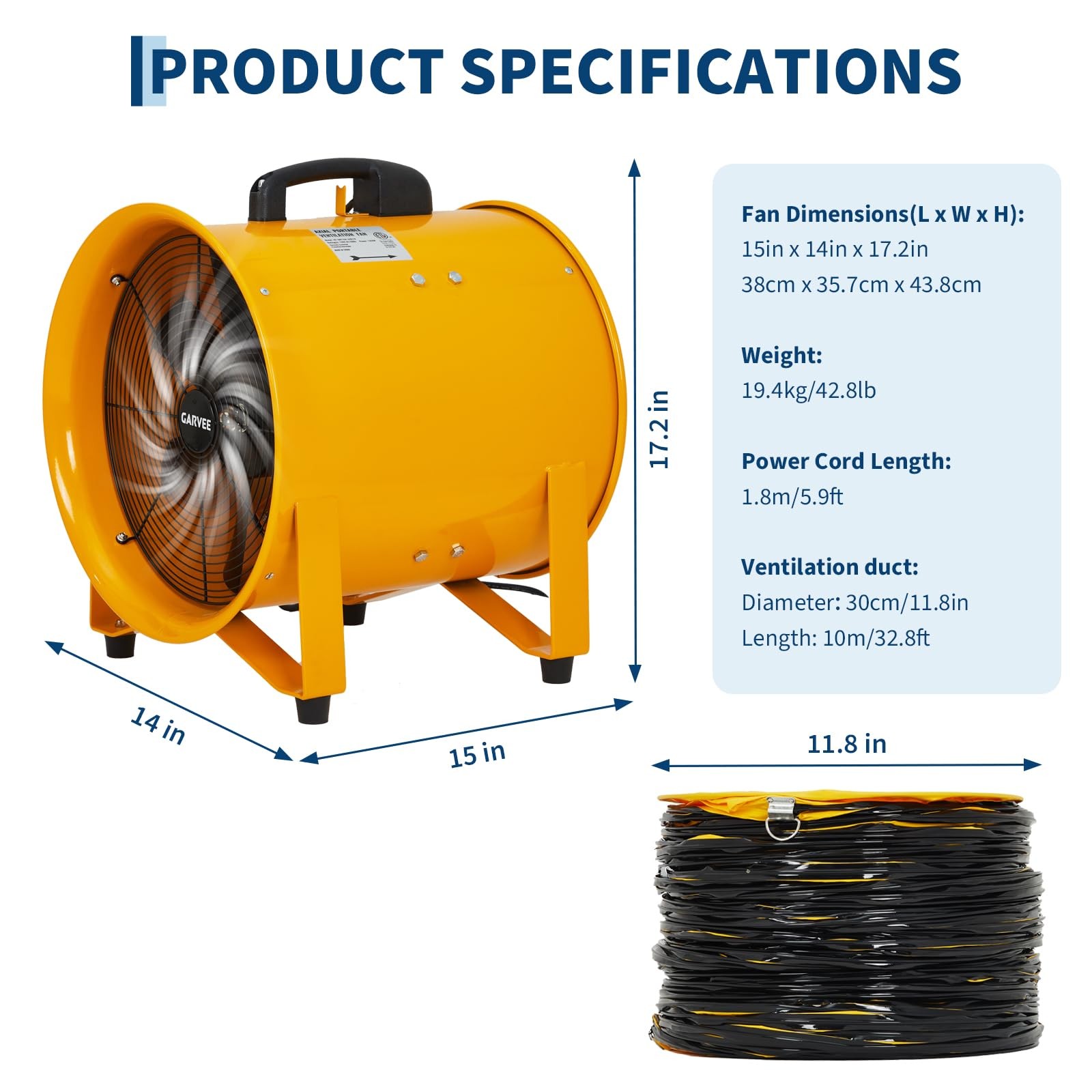 12” Utility Blower Fan 3500 CFM Ventilator Extractor Fan with 32.8ft Duct Hose