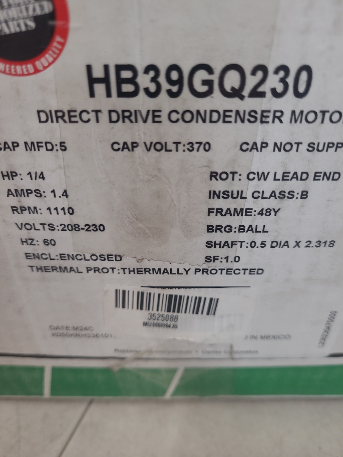 Carrier 1/4 HP Single Phase Condenser Motor Fan, 208-230V, HB39GQ230