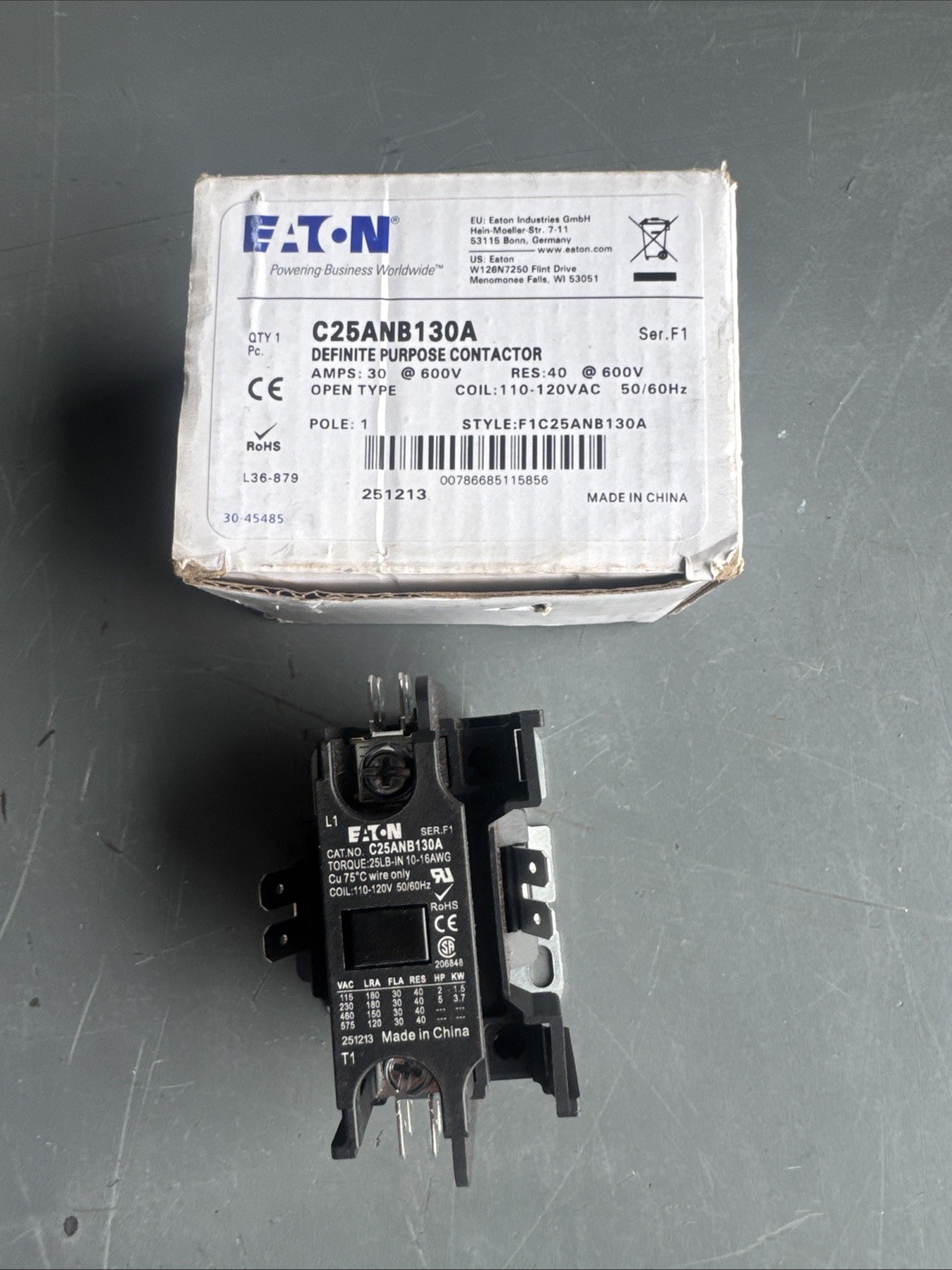 C25ANB130A Eaton / Cutler Hammer Contactor – 30 Amp / 1 Pole / 110/120V Coil